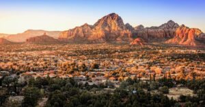 Aerial view of Sedona at sunset