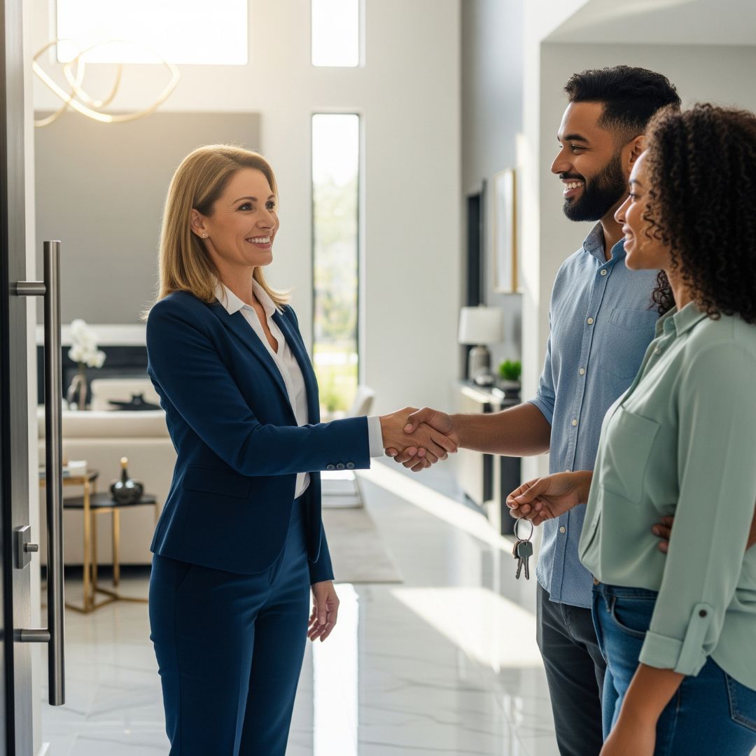 A professional female real estate agent warmly shakes hands with a happy couple inside a modern home, symbolizing a successful and trustworthy partnership.