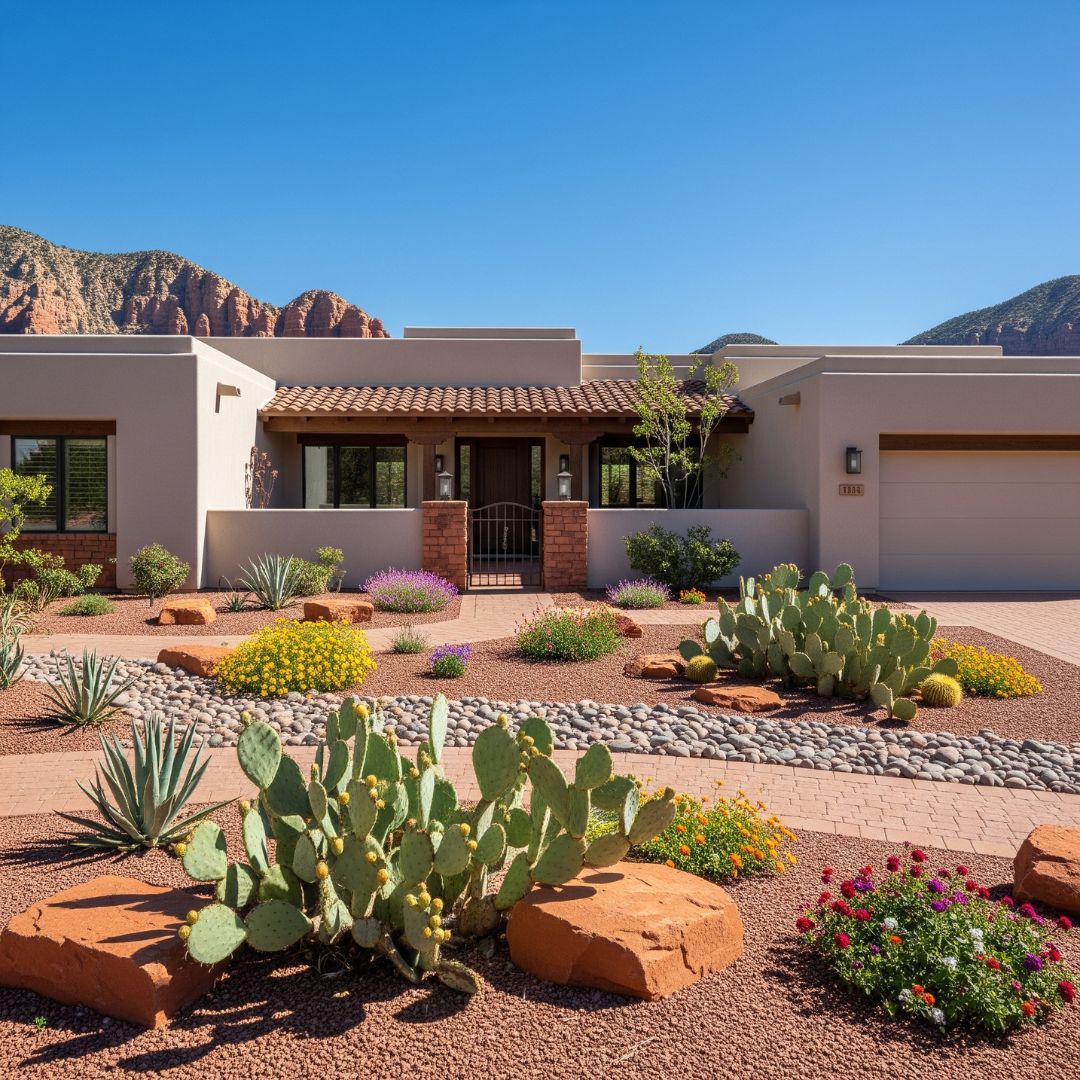 The beautiful exterior and curb appeal of a Southwestern-style home in Sedona, Arizona, featuring attractive xeriscaping with native plants, ready for the market.