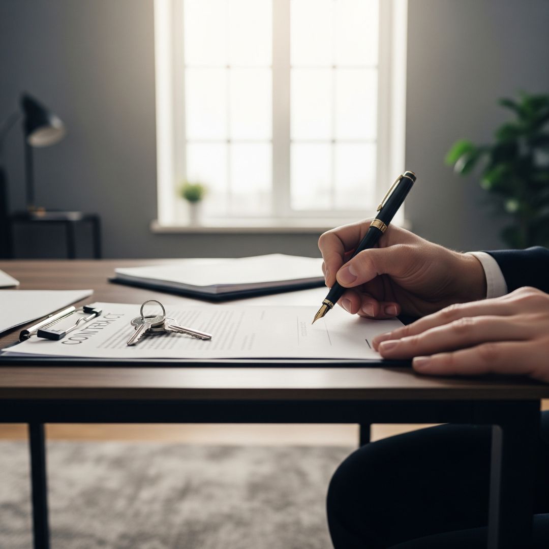 A close-up, professional image of a hand signing a real estate contract with a fountain pen, with house keys resting on the desk, symbolizing a strong offer and commitment.