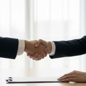 Two people in suits shaking hands