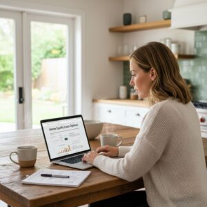 A woman sits at a rustic wooden table in a bright kitchen, looking intently at a laptop displaying "Home Equity Loan Options."