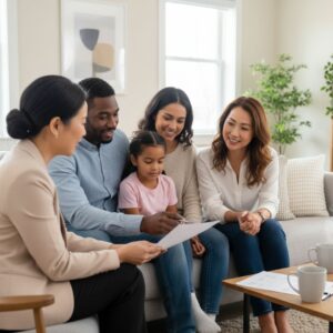 A diverse family, including a young girl, sits on a sofa, attentively listening as a female agent explains documents.