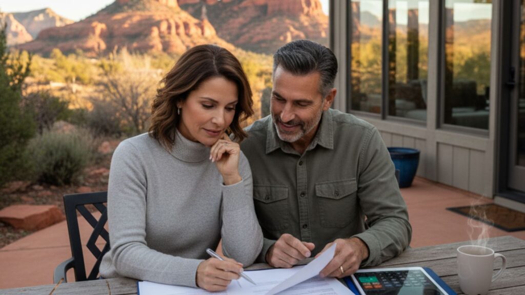 A man and woman review documents at an outdoor table with a scenic view of red rock mountains in the background.