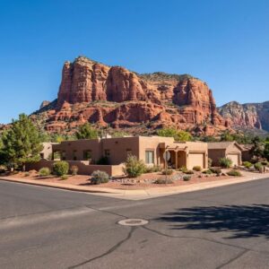 A residential street in Sedona with a house and red rock views. A residential street in Sedona with a home and a large red rock formation in the background.