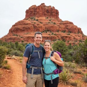 A couple hiking on a trail in Sedona with red rock views. A couple hiking on a trail in Sedona with a large red rock mountain in the background.