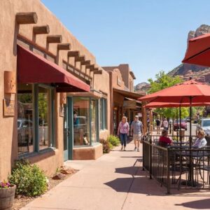 Quaint street scene with art galleries and shops in Sedona. A vibrant street scene in a Sedona commercial district with shops and people.