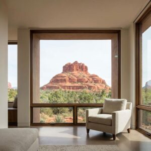 Modern home interior with large window framing a red rock view. A modern room with a large window framing a view of a Sedona red rock.