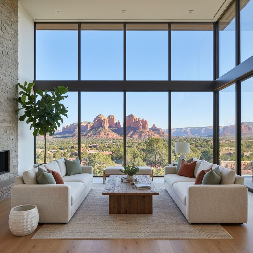 living room with large windows featuring view of Sedona